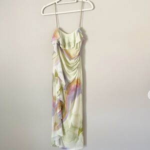Zara Size S Multicolor Ruffle Tulle Midi Dress Lined Sleeveless Watercolor